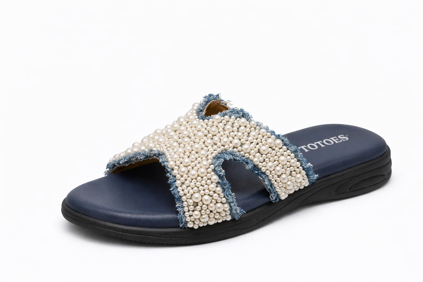 TOTOES Pearl Embellished Denim Comfort Slides