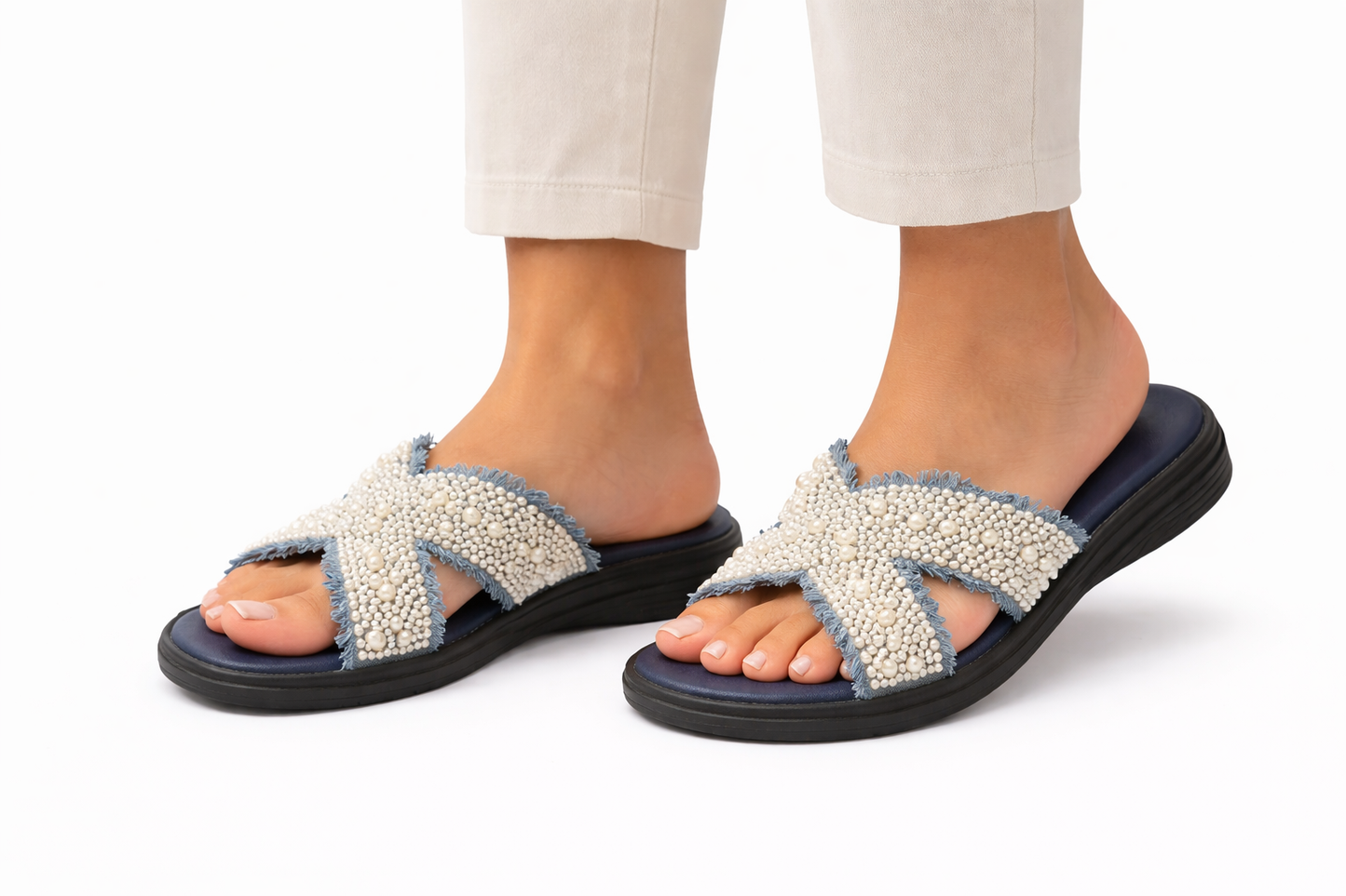 TOTOES Pearl Embellished Denim Comfort Slides