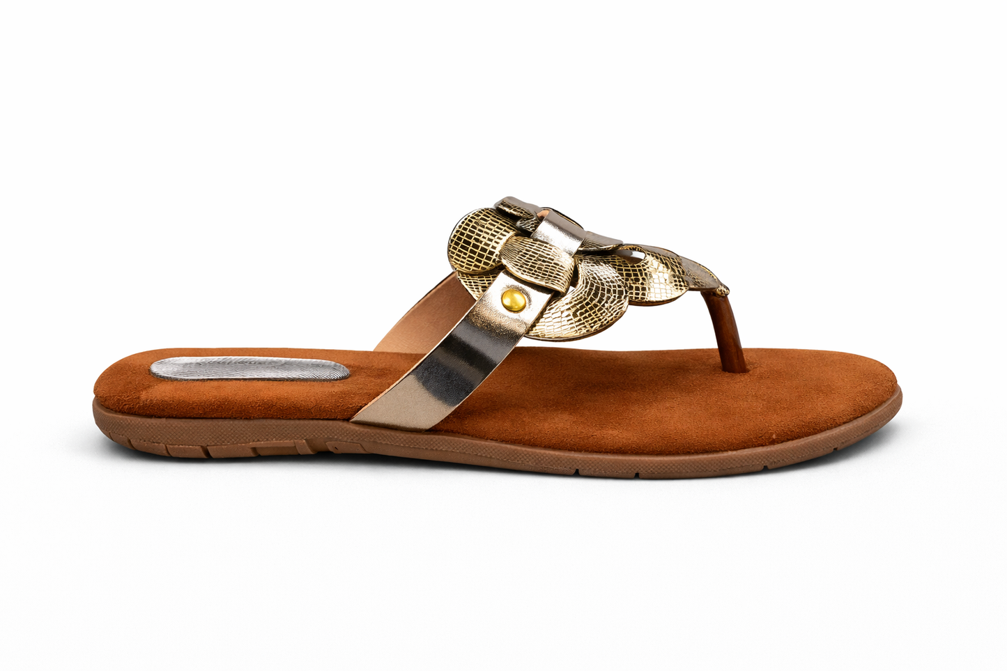Women’s Gold Leaf Strap Brown Comfort Flat Sandal