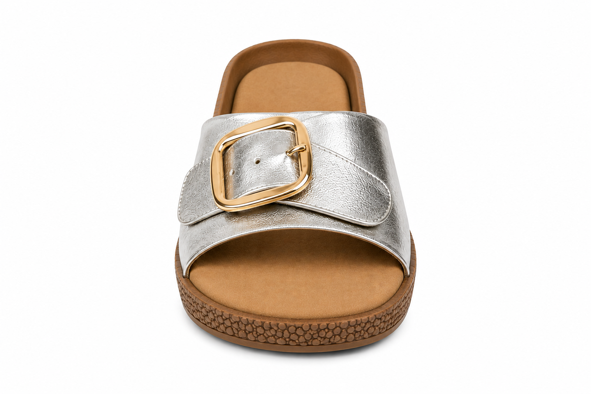 TOTOES Women’s Metallic Buckle Flat