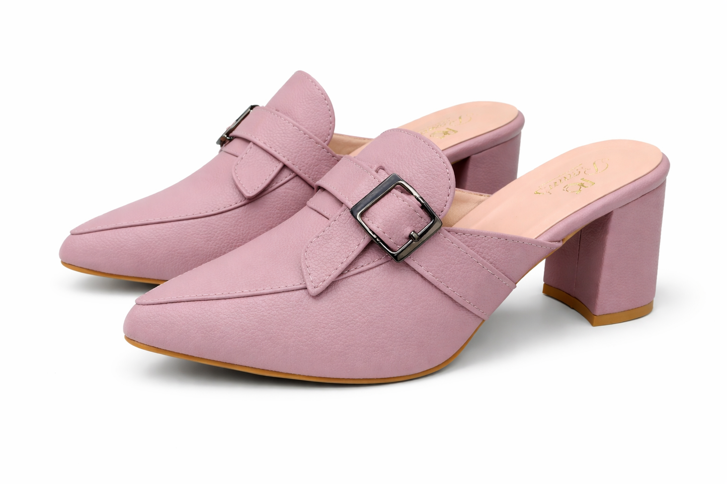 Blush Pink Buckle Mule Heels for Women